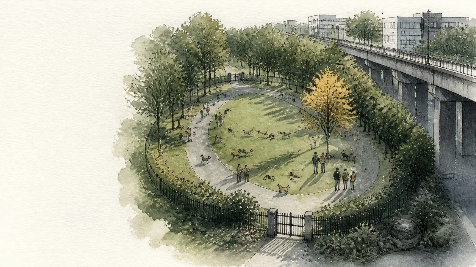 Vue illustrée du parc Mali, sa piste ovale et ses arbres matures, au pied du viaduc Rockland